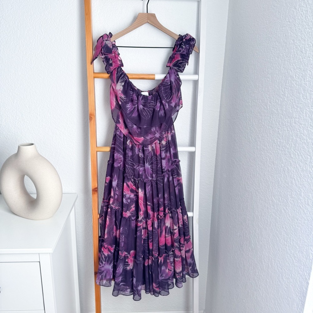 MISA Los Angeles Micaela Dress in Purple Pink Floral Off The Shoulder Ruffle - Picture 4 of 12